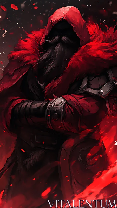 Mysterious red-hooded warrior wrapped in fiery shadows.