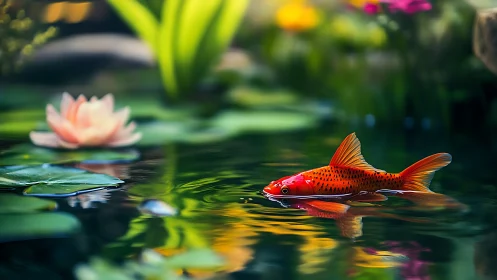Orange koi fish gliding through reflective garden pond.