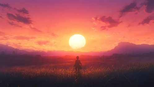 Solitary figure in dusk grassland facing oversized setting sun