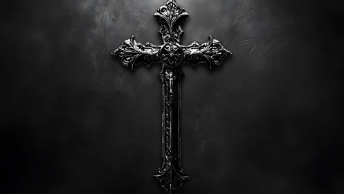 Ornate dark metal cross on textured black background.