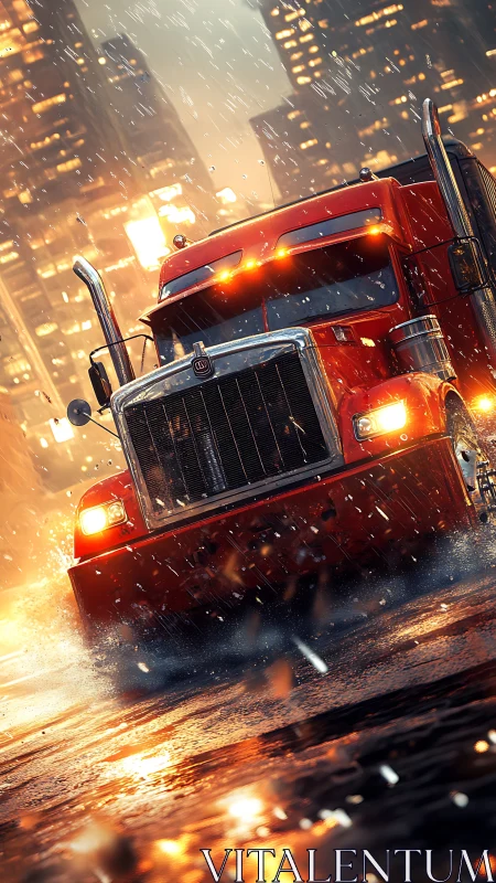 Red semi truck on wet city street in heavy rainfall at night.