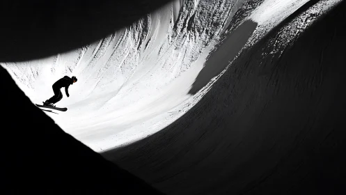 Shadow-slicing skier carves light across a frozen canyon curve