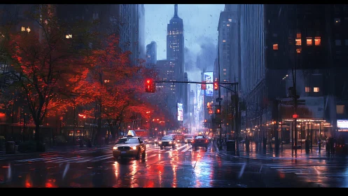 Rain-slicked city arteries hum under neon dusk traffic