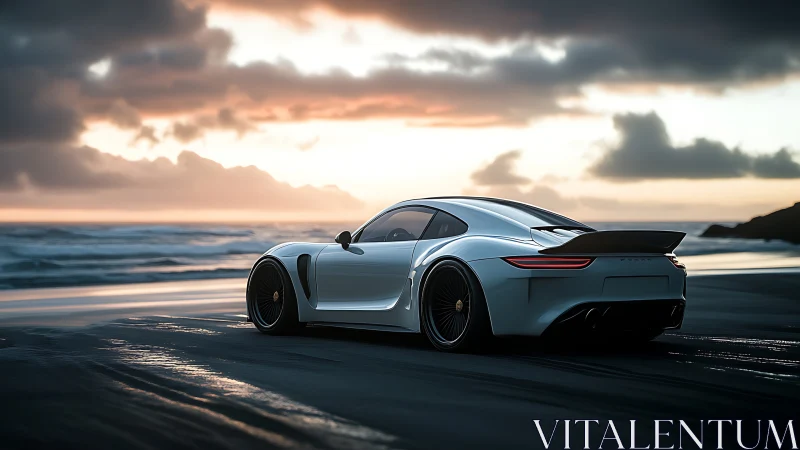 Sleek white supercar gliding along moody sunset shoreline.