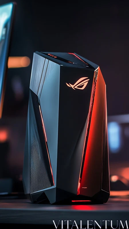 Angular gaming tower with RGB accents in studio lighting.