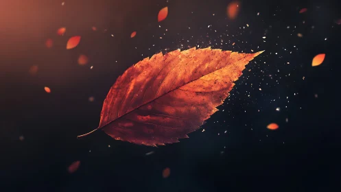 Autumn leaf drifts through dark bokeh with ember sparks.