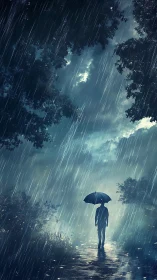 Solitary figure with umbrella walking in heavy forest rain.