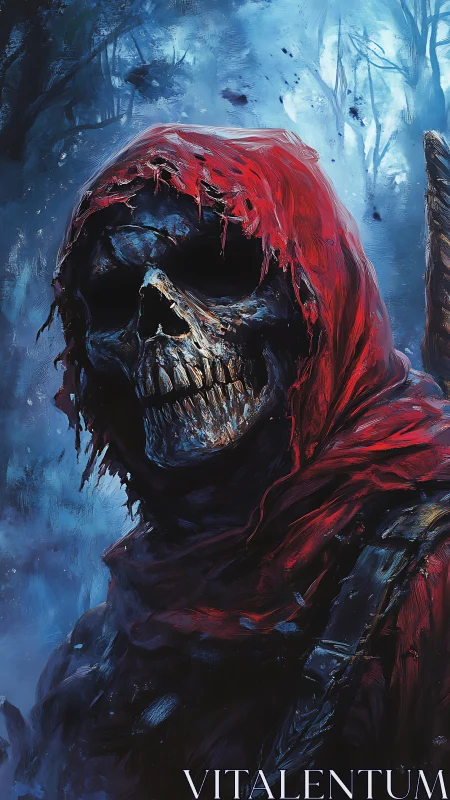 Hooded skeletal reaper stalking frozen blue forest at night.