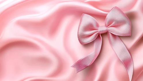 Pink satin fabric surface displays a single ribbon bow