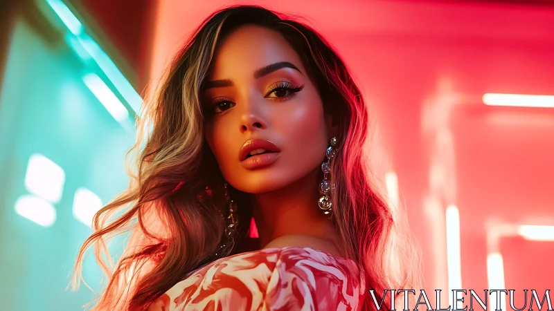 Neon-lit portrait of glamorous woman with bokeh gradients