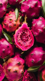 Pink dragon fruit pile with central sliced specimen exposed.