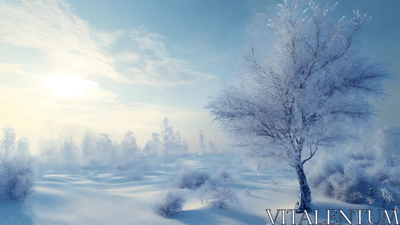 High-key winter landscape with frost-laden trees and diffuse sun