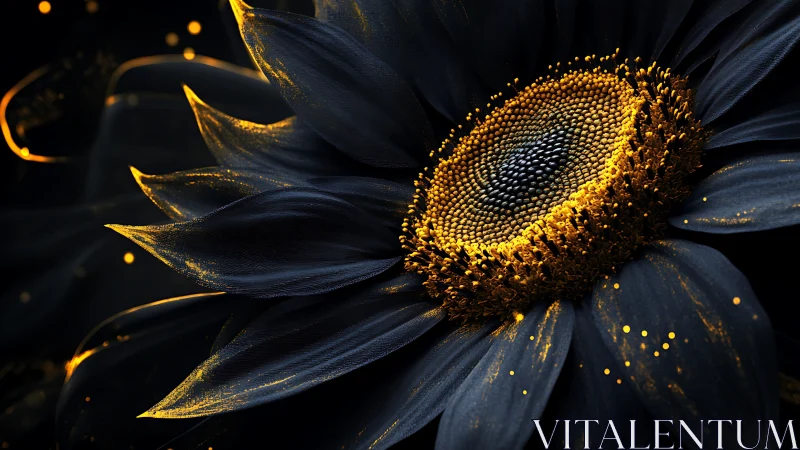 Gilded midnight sunflower crowned in glowing ember pollen.