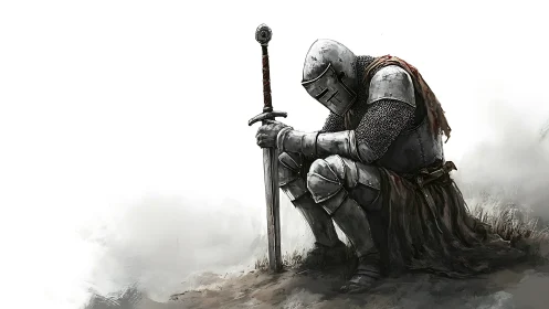 Weary armored knight rests in quiet reflection with sword grounded