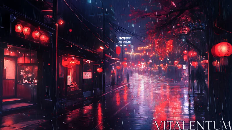 Neon lantern street glows through reflective midnight rain.