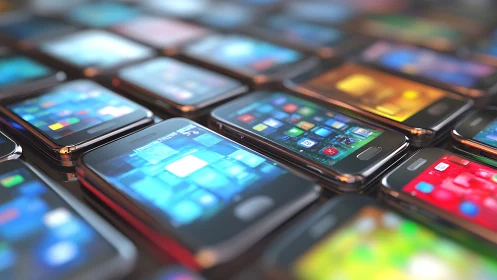 Smartphones lie in dense rows with glowing home screens