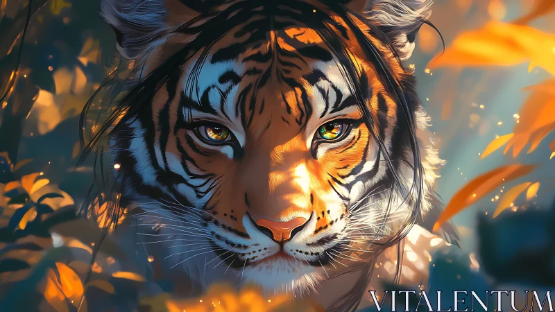 Digital painting portrait of a tiger in luminous foliage.