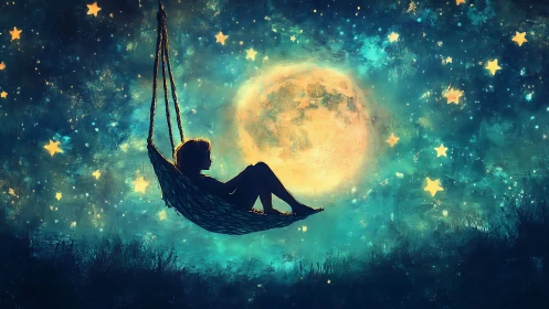 Silhouette on suspended hammock against luminous full moon.
