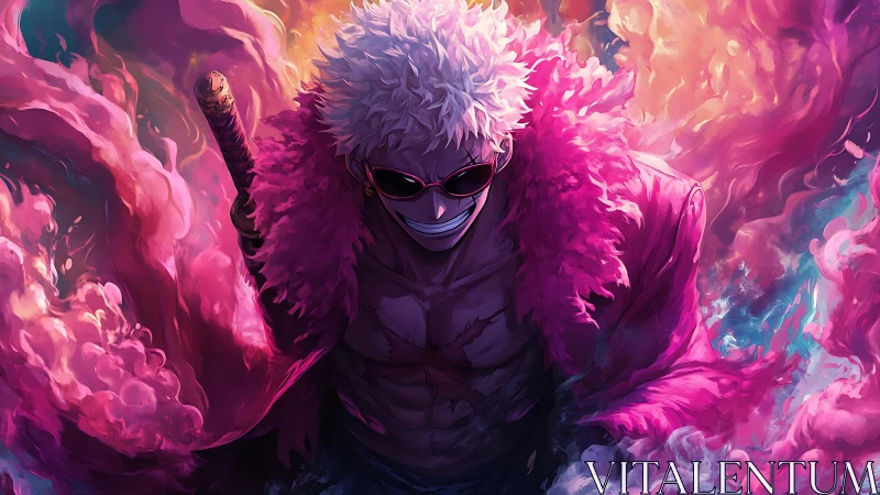 Central male figure in pink coat surrounded by vivid smoke