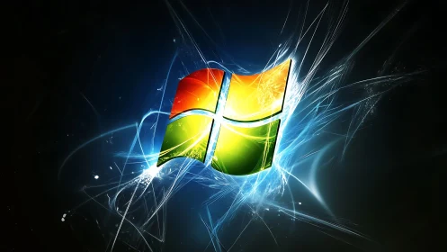 Windows logo with abstract blue light burst background.
