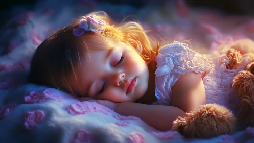 Sleeping toddler glows softly in dreamy pastel night light