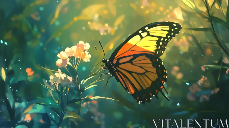 Monarch butterfly on flowers in softly lit garden scene.