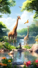 Sunlit giraffe lagoon where tall dreamers share the sky.
