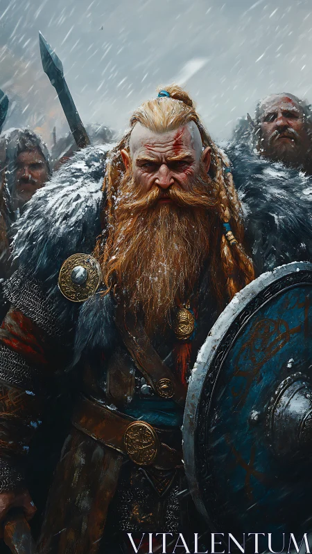 Battle-hardened Viking warrior advances through a raging blizzard