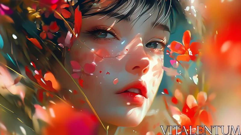 Dreamlit portrait of a girl framed by glowing red blossoms