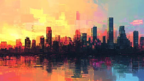 Abstract digital skyline at sunset with reflective waterfront