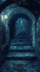 Narrow stone stair tunnel with moody blue light and lantern glow