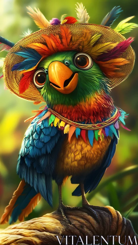 Playful tropical parrot poses in a vibrant feathered hat
