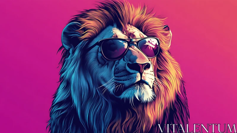 Cool neon lion portrait with sunglasses on gradient background.