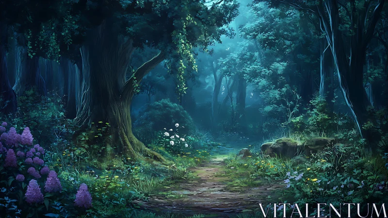 Enchanted Forest Path Through Ancient Woods at Twilight