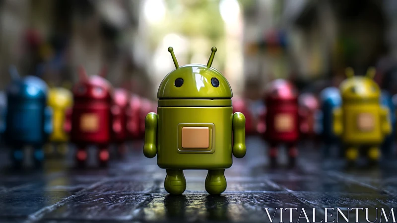 Green toy robot figurine on wet cobblestone street, shallow DOF