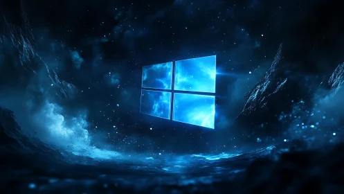 Glowing window logo floats in a dark, blue-toned space