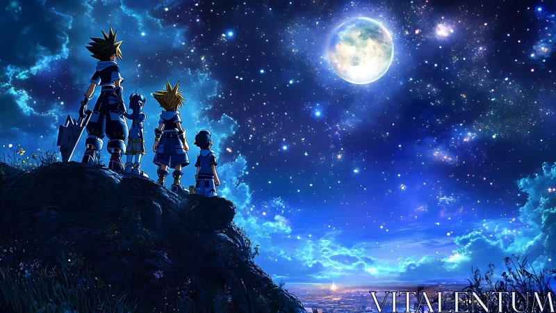 Four silhouetted characters stand on cliff under starry sky