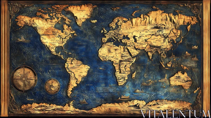 Gilded world map relief with ornate nautical compass details.