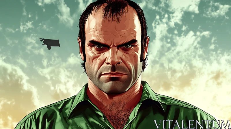 Hyper-real character portrait under dynamic stratiform sky.