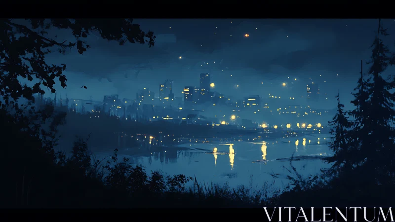 Quiet lakeside city lights glowing through midnight mist.