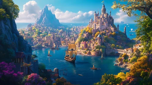 Fantasy coastal city with central castle overlooks busy harbor
