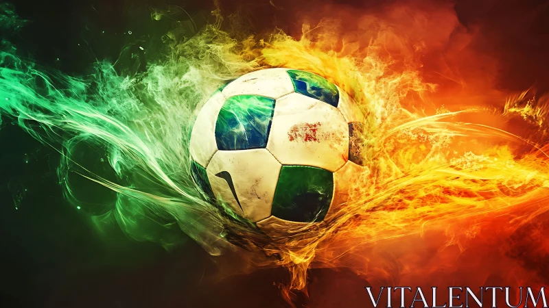 Dynamic soccer ball rendered with opposing fire and smoke effects