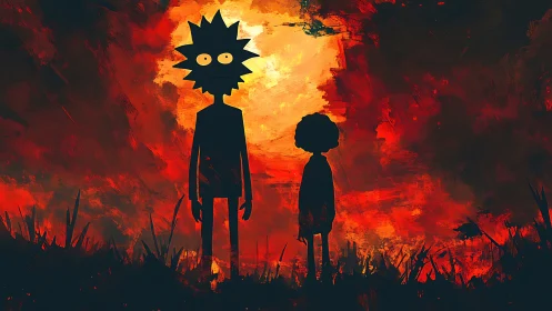 Backlit duo silhouettes in infernal chromatic turbulence.