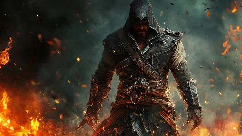 Hooded armored figure stands amid surrounding flames and smoke