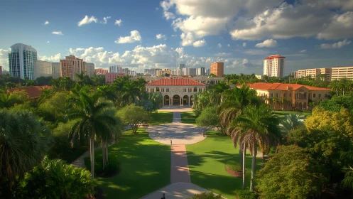 University campus courtyard framed by palm trees at midday