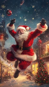Joyful Santa jumps in snowy Christmas village street scene.