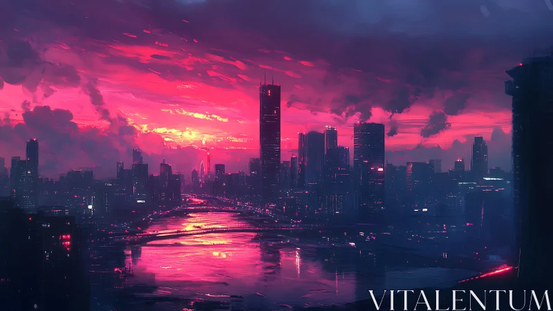 Neon soaked futuristic city skyline at vivid sunset.