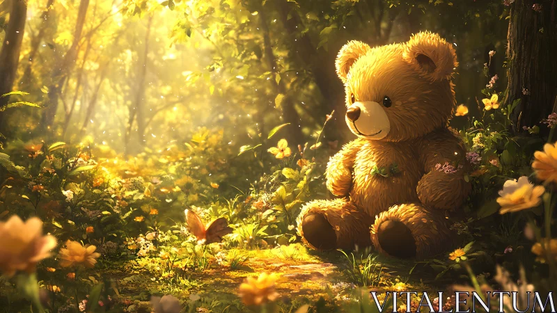 Teddy bear glows under golden forest light among flowers.