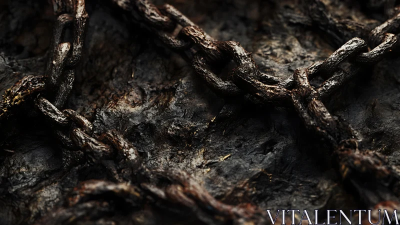 Weathered metal chains resting on rugged dark stone.