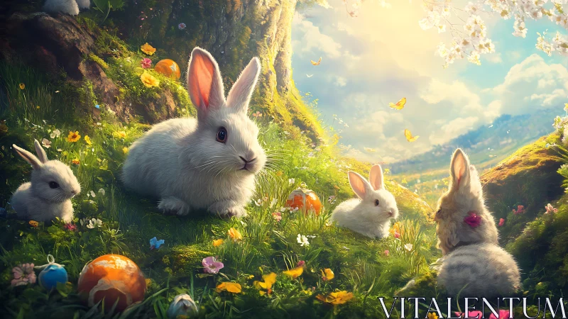 White rabbits in bright meadow with flowers and eggs.
